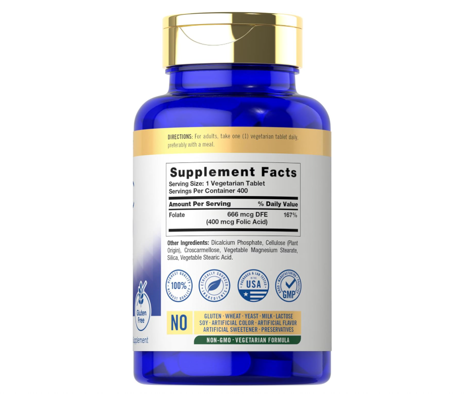 Ácido fólico Carlyle 400 mcg | 400 tabletas | Vegetariano, sin OMG