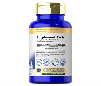 Ácido fólico Carlyle 400 mcg | 400 tabletas | Vegetariano, sin OMG