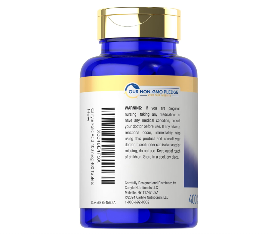 Ácido fólico Carlyle 400 mcg | 400 tabletas | Vegetariano, sin OMG