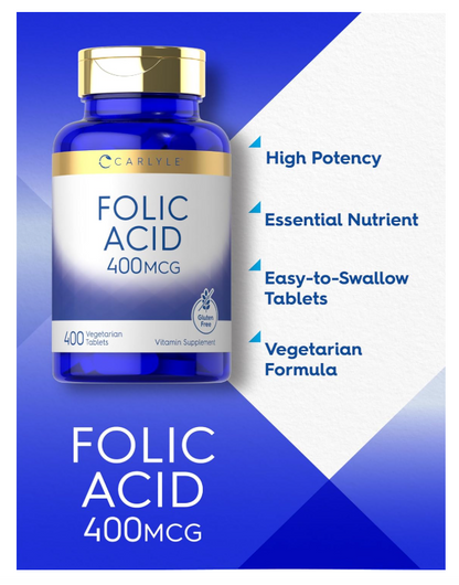 Ácido fólico Carlyle 400 mcg | 400 tabletas | Vegetariano, sin OMG