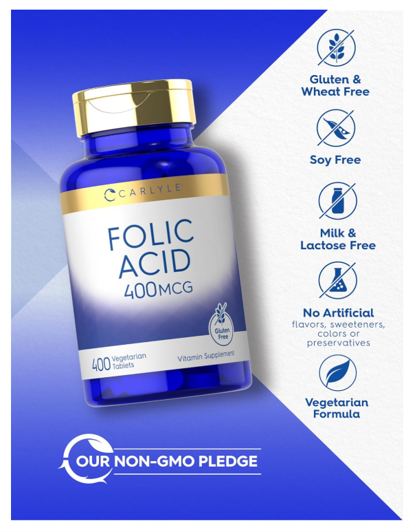 Ácido fólico Carlyle 400 mcg | 400 tabletas | Vegetariano, sin OMG