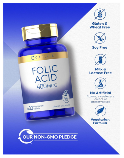 Ácido fólico Carlyle 400 mcg | 400 tabletas | Vegetariano, sin OMG
