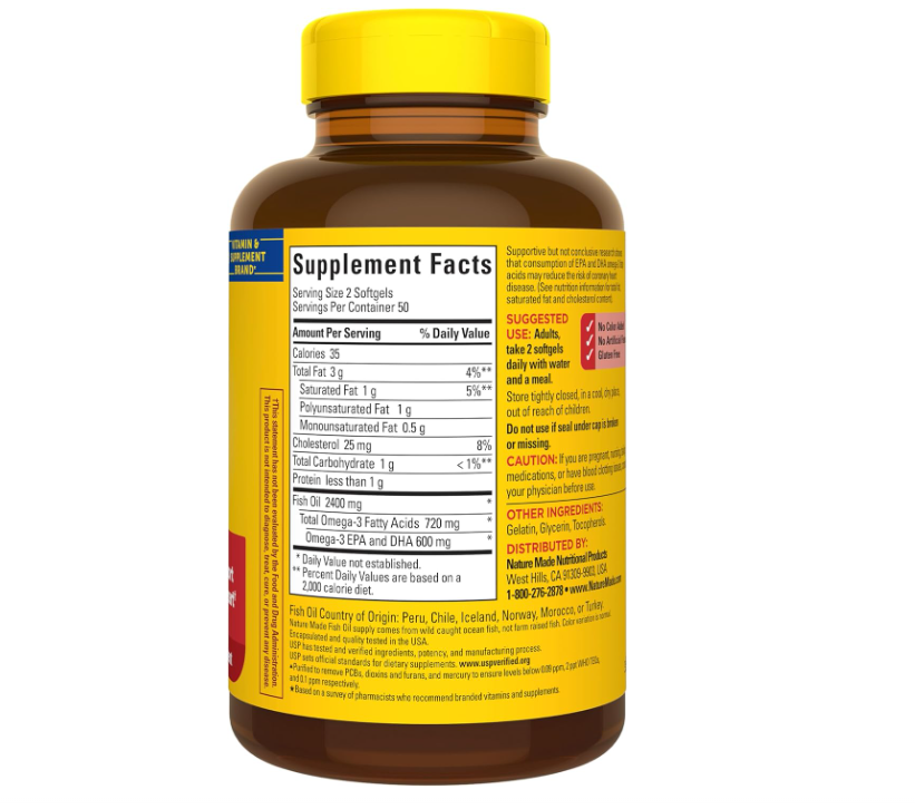 Aceite de Pescado Nature Made | Omega 3 |  1200 mg | 100 Uds | Apoyo cardíaco saludable