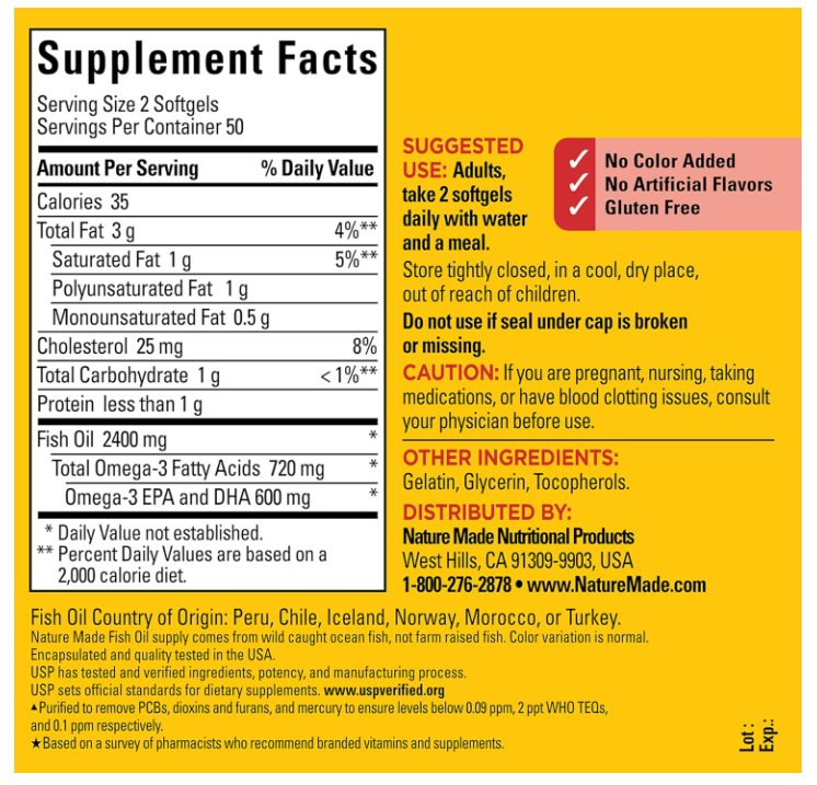 Aceite de Pescado Nature Made | Omega 3 |  1200 mg | 100 Uds | Apoyo cardíaco saludable