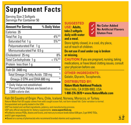 Aceite de Pescado Nature Made | Omega 3 |  1200 mg | 100 Uds | Apoyo cardíaco saludable