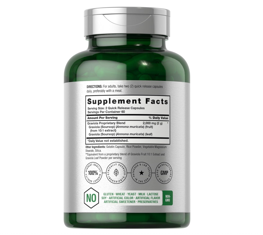 Graviola Horbäach | 2000 mg | 120 Unidades | Sin OGM, sin gluten | Guanábana (Annona Muricata)