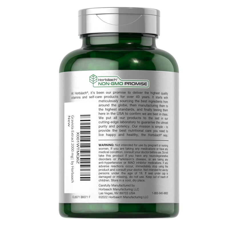 Graviola Horbäach | 2000 mg | 120 Unidades | Sin OGM, sin gluten | Guanábana (Annona Muricata)