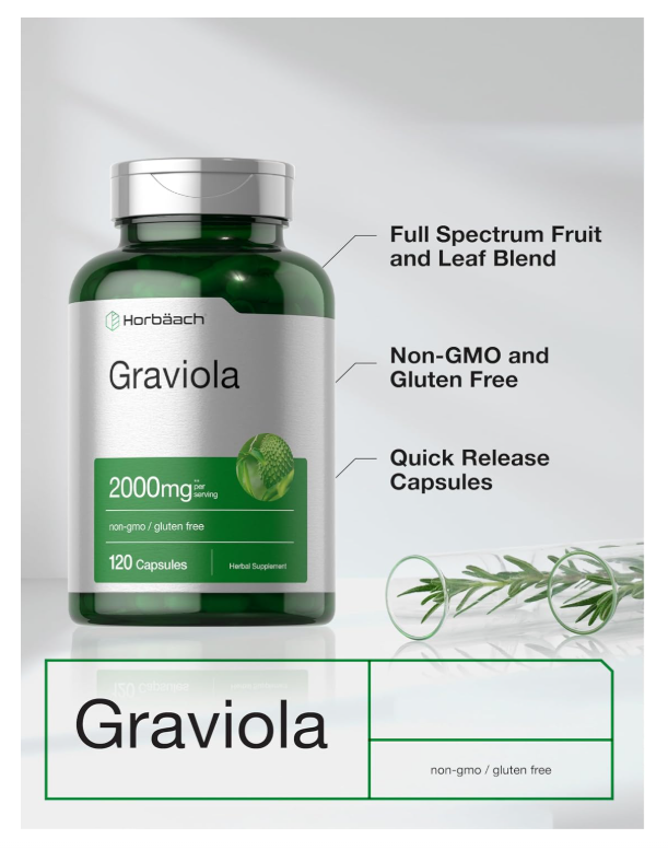 Graviola Horbäach | 2000 mg | 120 Unidades | Sin OGM, sin gluten | Guanábana (Annona Muricata)