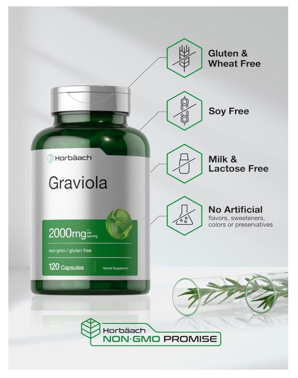 Graviola Horbäach | 2000 mg | 120 Unidades | Sin OGM, sin gluten | Guanábana (Annona Muricata)