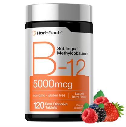 Vitamina B12 Horbäach | 5000 mcg | 120 Tabletas de Disolución Rápida | Metilcobalamina sublingual | Suplemento vegetariano, sin OGM y sin gluten