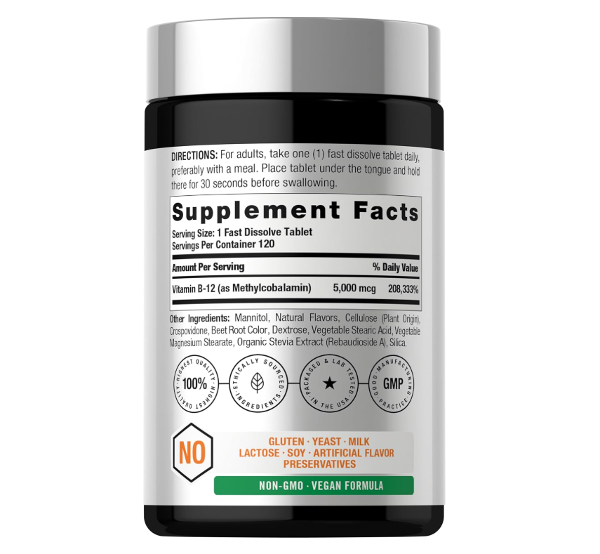 Vitamina B12 Horbäach | 5000 mcg | 120 Tabletas de Disolución Rápida | Metilcobalamina sublingual | Suplemento vegetariano, sin OGM y sin gluten