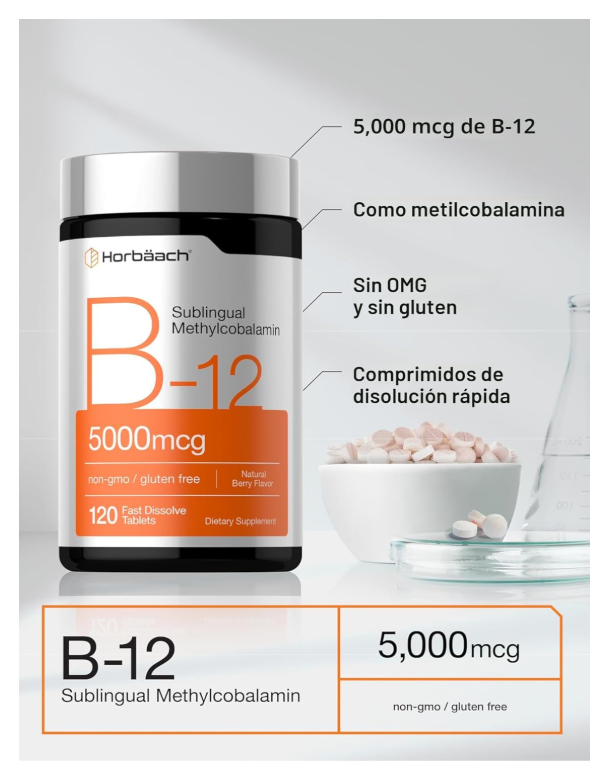Vitamina B12 Horbäach | 5000 mcg | 120 Tabletas de Disolución Rápida | Metilcobalamina sublingual | Suplemento vegetariano, sin OGM y sin gluten