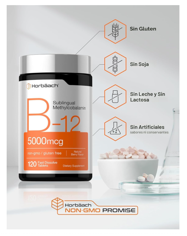 Vitamina B12 Horbäach | 5000 mcg | 120 Tabletas de Disolución Rápida | Metilcobalamina sublingual | Suplemento vegetariano, sin OGM y sin gluten