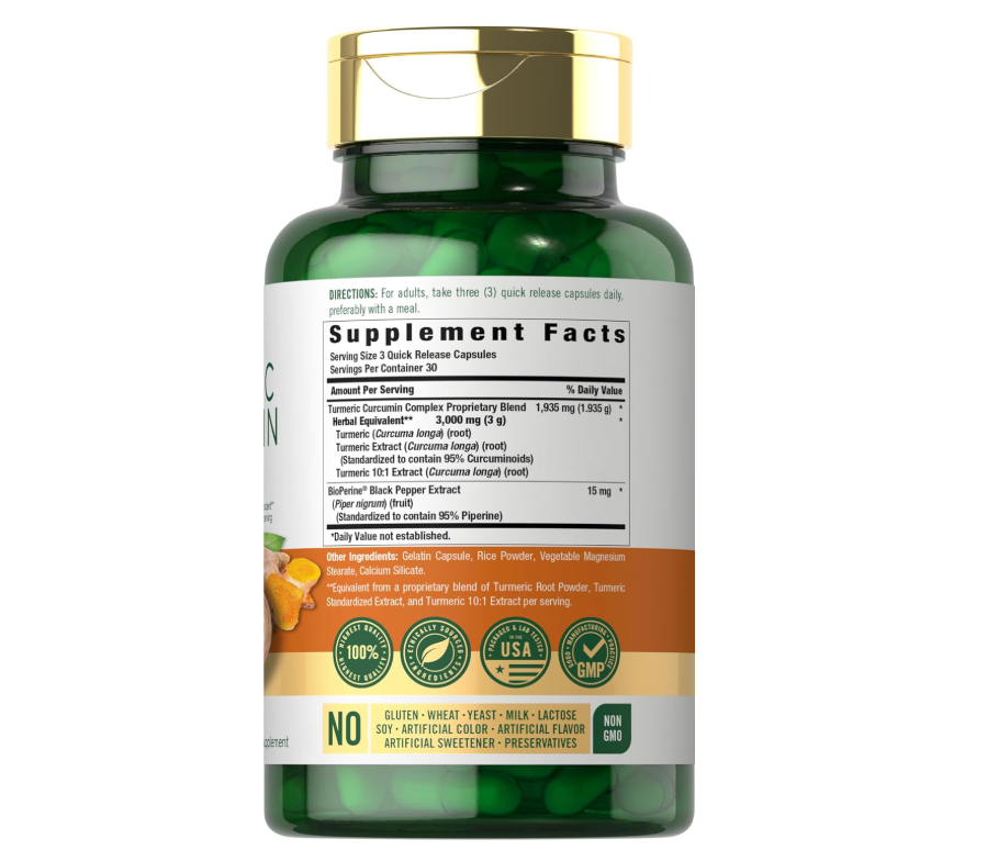 Curcumina de Cúrcuma con Pimienta Negra Carlyle  | 3000 mg | 90 cápsulas | Con bioperina | Sin OMG, Sin Gluten