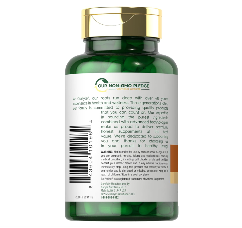 Curcumina de Cúrcuma con Pimienta Negra Carlyle  | 3000 mg | 90 cápsulas | Con bioperina | Sin OMG, Sin Gluten