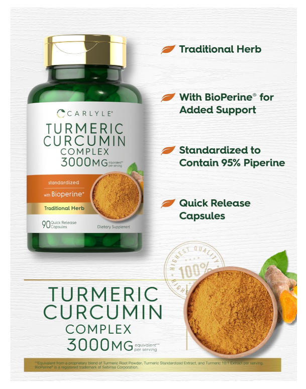 Curcumina de Cúrcuma con Pimienta Negra Carlyle  | 3000 mg | 90 cápsulas | Con bioperina | Sin OMG, Sin Gluten