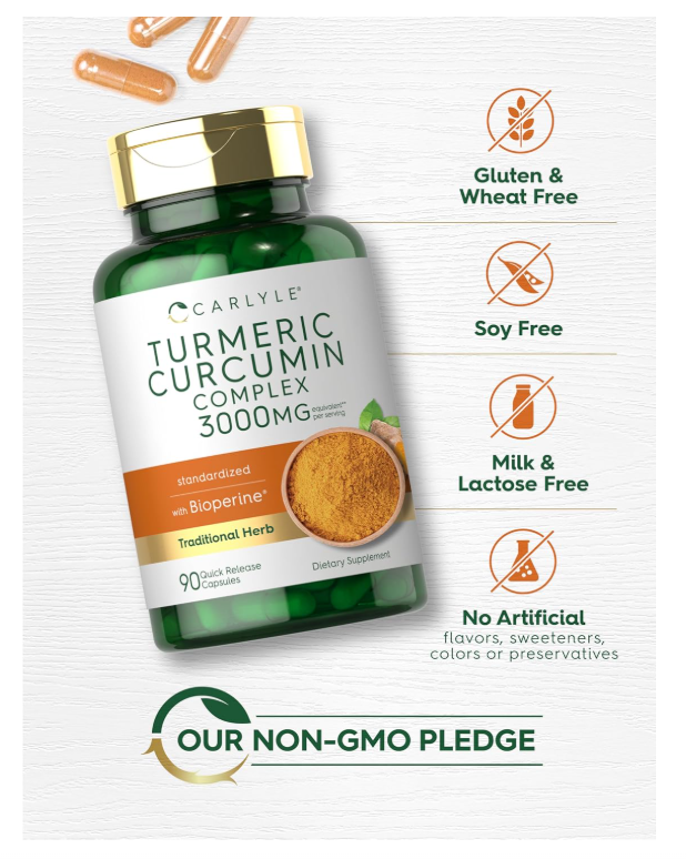 Curcumina de Cúrcuma con Pimienta Negra Carlyle  | 3000 mg | 90 cápsulas | Con bioperina | Sin OMG, Sin Gluten
