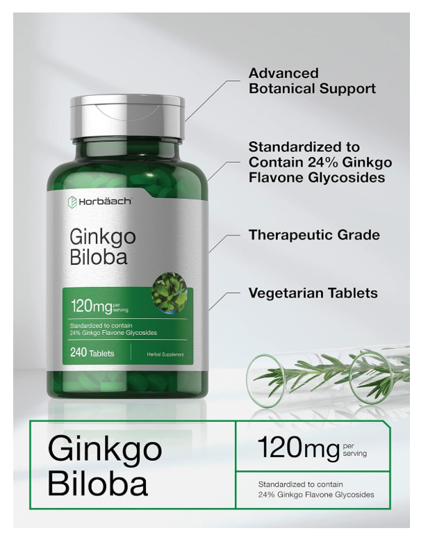 Ginkgo Biloba Horbäach 120 mg | 240 Tabletas | Con Glucósidos de Flavona | Vegetariano, Sin OMG y Sin Gluten