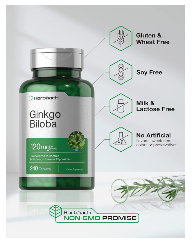 Ginkgo Biloba Horbäach 120 mg | 240 Tabletas | Con Glucósidos de Flavona | Vegetariano, Sin OMG y Sin Gluten