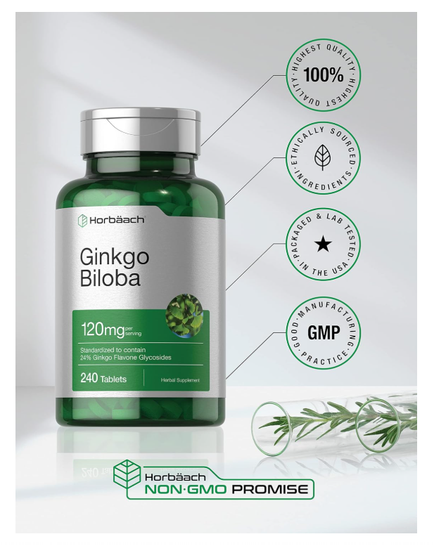 Ginkgo Biloba Horbäach 120 mg | 240 Tabletas | Con Glucósidos de Flavona | Vegetariano, Sin OMG y Sin Gluten
