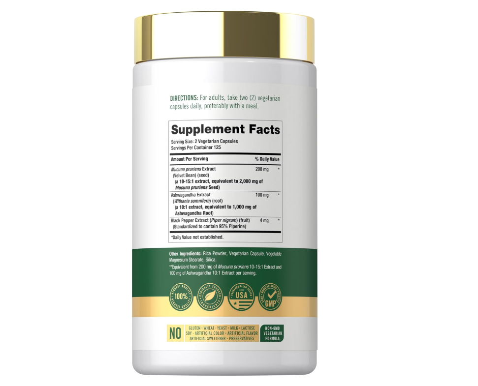 Mucuna con Ashwagandha Carlyle | 250 Cápsulas | Vegetariano, Sin OMG, Sin Gluten