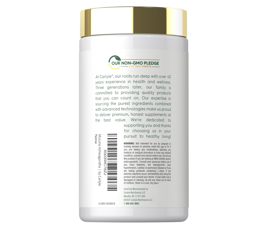 Mucuna con Ashwagandha Carlyle | 250 Cápsulas | Vegetariano, Sin OMG, Sin Gluten
