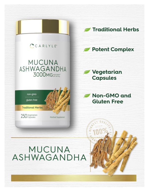 Mucuna con Ashwagandha Carlyle | 250 Cápsulas | Vegetariano, Sin OMG, Sin Gluten