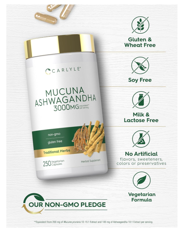Mucuna con Ashwagandha Carlyle | 250 Cápsulas | Vegetariano, Sin OMG, Sin Gluten