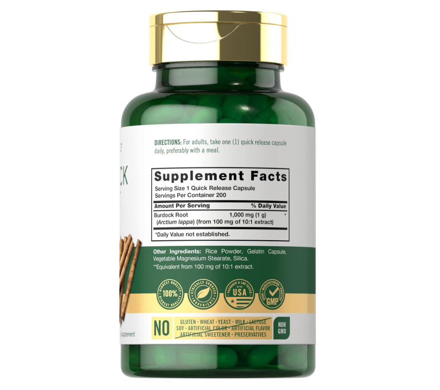 Raíz de Bardana Carlyle  | 1000 mg | 200 Cápsulas | Sin OMG y Sin Gluten | Extracto de Arctium Lappa