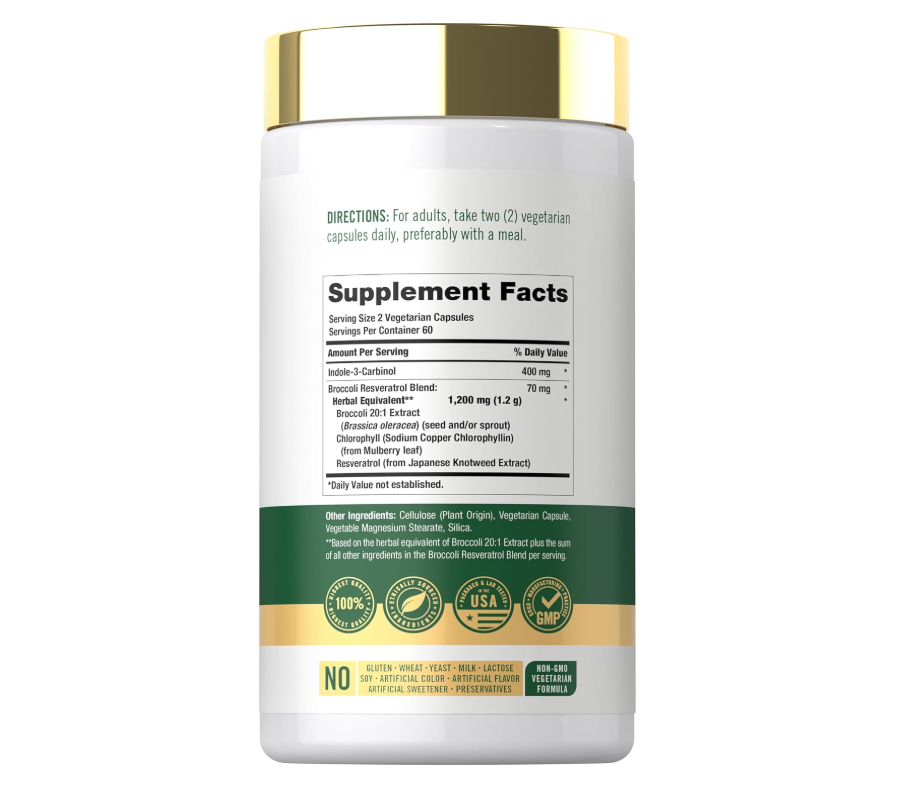 Indole-3-Carbinol Carlyle | 400 mg | 120 Cápsulas | I3C con Mezcla de Brócoli Resveratrol | Vegetariano, Sin OMG y Sin Gluten