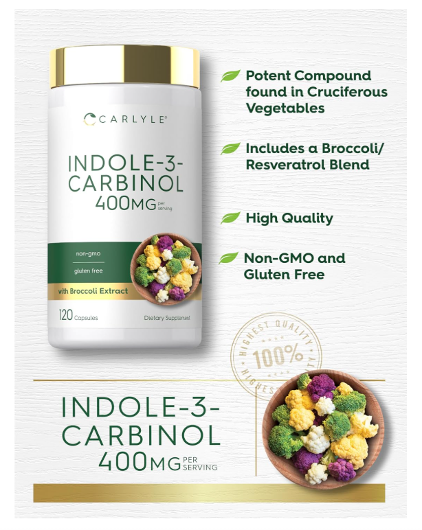 Indole-3-Carbinol Carlyle | 400 mg | 120 Cápsulas | I3C con Mezcla de Brócoli Resveratrol | Vegetariano, Sin OMG y Sin Gluten