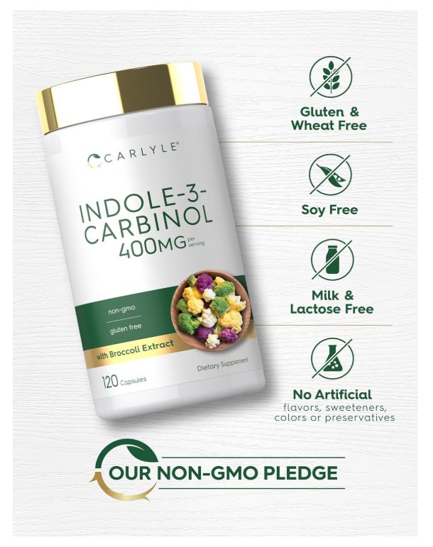 Indole-3-Carbinol Carlyle | 400 mg | 120 Cápsulas | I3C con Mezcla de Brócoli Resveratrol | Vegetariano, Sin OMG y Sin Gluten
