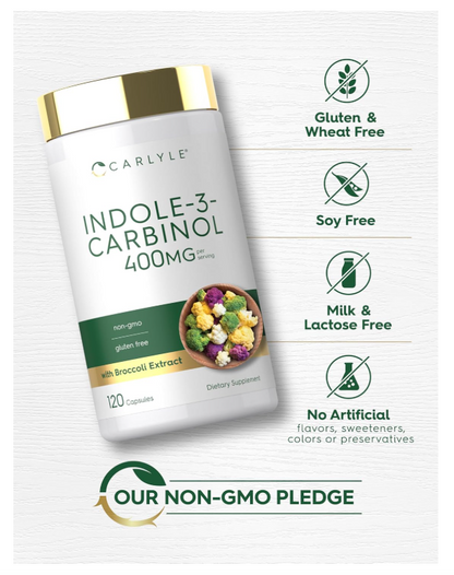Indole-3-Carbinol Carlyle | 400 mg | 120 Cápsulas | I3C con Mezcla de Brócoli Resveratrol | Vegetariano, Sin OMG y Sin Gluten