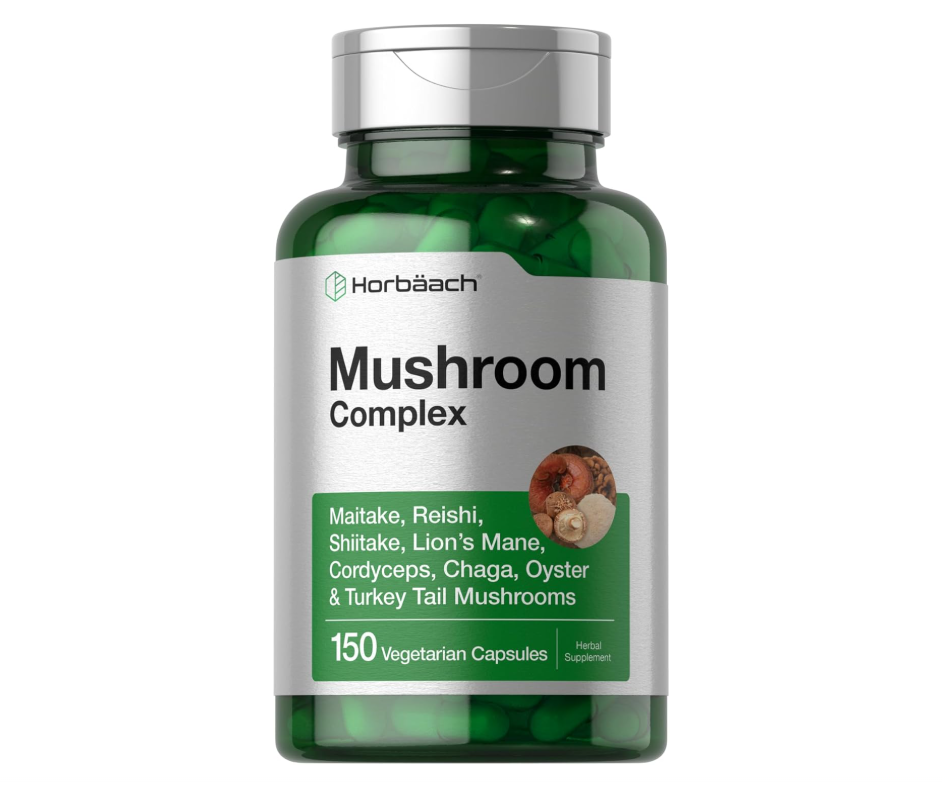 Complejas de Hongos Horbäach  | 150 Unidades | Suplemento sin OMG y sin Gluten | Reishi, Chaga, Melena de León, Cordyceps, Maitake, Shiitake, Ostras y Cola de Pavo