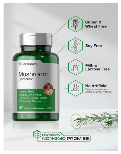 Complejas de Hongos Horbäach  | 150 Unidades | Suplemento sin OMG y sin Gluten | Reishi, Chaga, Melena de León, Cordyceps, Maitake, Shiitake, Ostras y Cola de Pavo