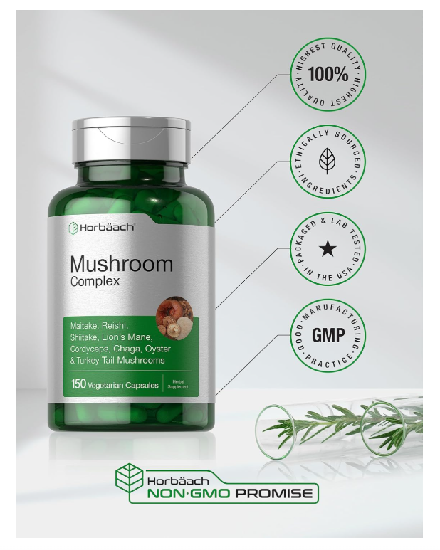 Complejas de Hongos Horbäach  | 150 Unidades | Suplemento sin OMG y sin Gluten | Reishi, Chaga, Melena de León, Cordyceps, Maitake, Shiitake, Ostras y Cola de Pavo