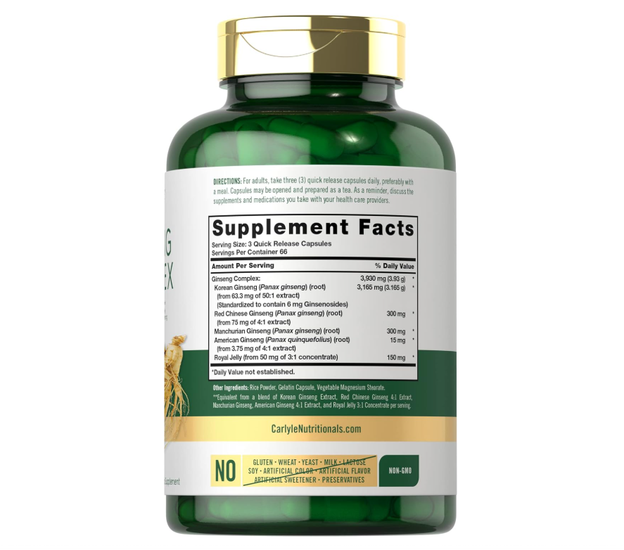 Ginseng Complex Carlyle | 3930mg | 200 Unidades | Sin OMG y Sin Gluten