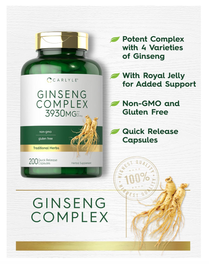 Ginseng Complex Carlyle | 3930mg | 200 Unidades | Sin OMG y Sin Gluten