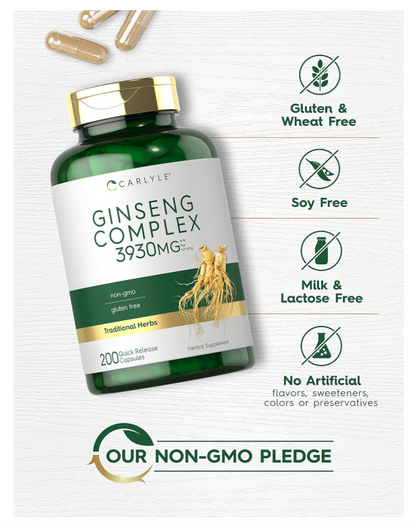 Ginseng Complex Carlyle | 3930mg | 200 Unidades | Sin OMG y Sin Gluten