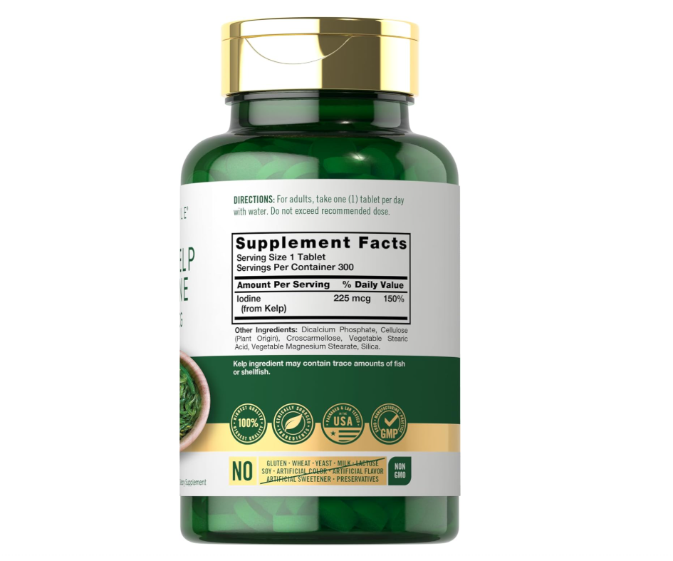 Yodo de Alga Marina | 225 mcg | 300 Tabletas | Sin GMO, Sin Gluten | Suplemento de hierbas tradicionales
