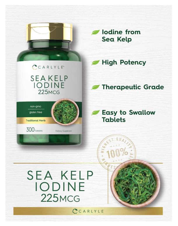 Yodo de Alga Marina | 225 mcg | 300 Tabletas | Sin GMO, Sin Gluten | Suplemento de hierbas tradicionales
