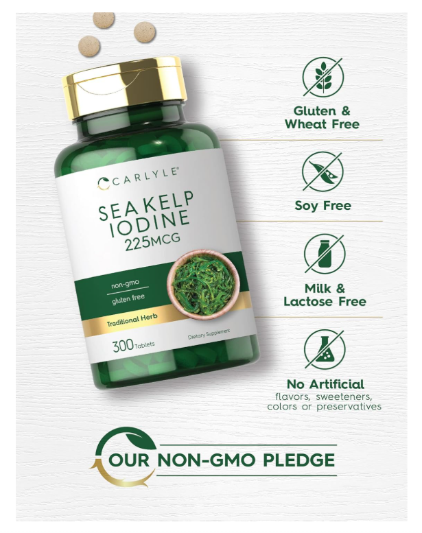 Yodo de Alga Marina | 225 mcg | 300 Tabletas | Sin GMO, Sin Gluten | Suplemento de hierbas tradicionales