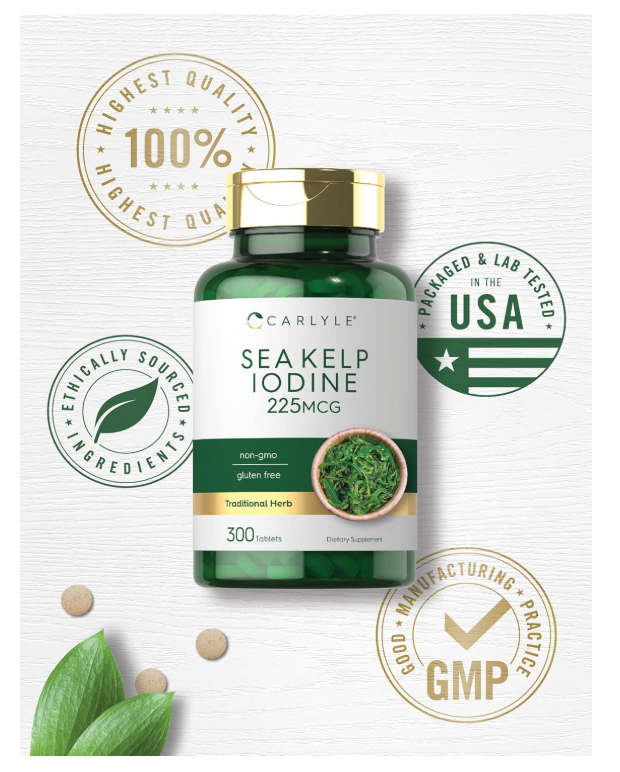 Yodo de Alga Marina | 225 mcg | 300 Tabletas | Sin GMO, Sin Gluten | Suplemento de hierbas tradicionales