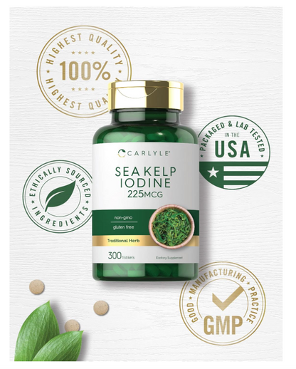 Yodo de Alga Marina | 225 mcg | 300 Tabletas | Sin GMO, Sin Gluten | Suplemento de hierbas tradicionales