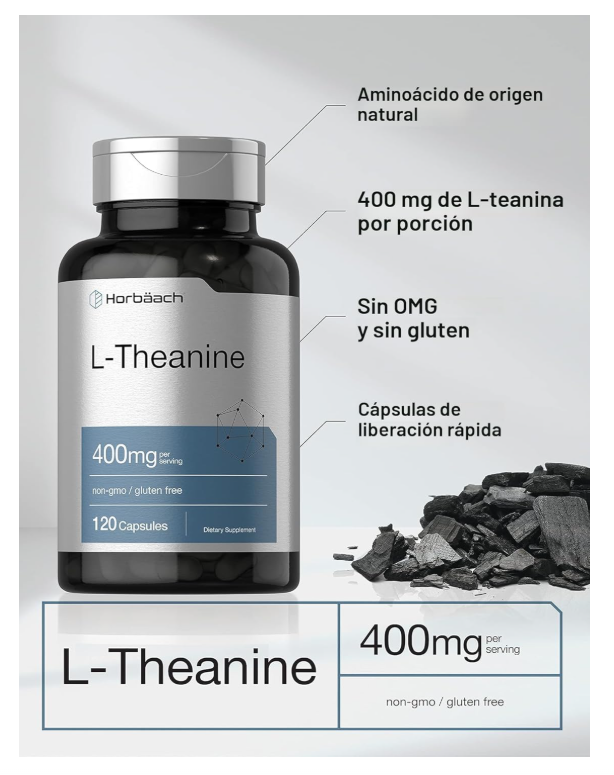 L-teanina Horbäach  | 400 mg | 120 Cápsulas en Polvo | Sin OMG y Sin Gluten