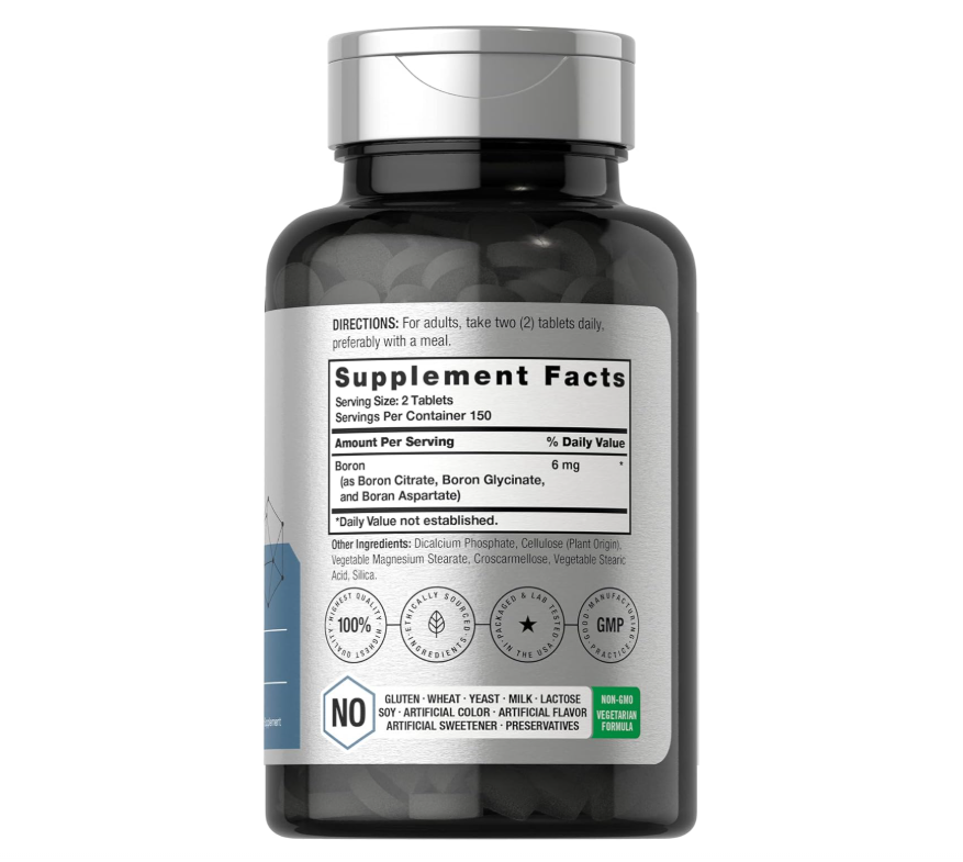 Boro Horbaach 6 mg | 300 Tabletas | Vegetariano, sin OMG y sin Gluten | Citrato de Boro de Triple Acción, Glicinato de boro