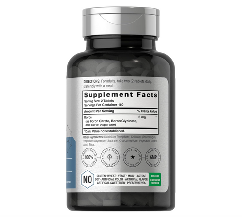 Boro Horbaach 6 mg | 300 Tabletas | Vegetariano, sin OMG y sin Gluten | Citrato de Boro de Triple Acción, Glicinato de boro