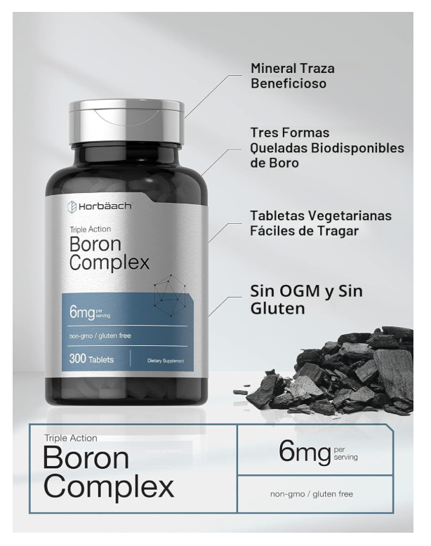Boro Horbaach 6 mg | 300 Tabletas | Vegetariano, sin OMG y sin Gluten | Citrato de Boro de Triple Acción, Glicinato de boro