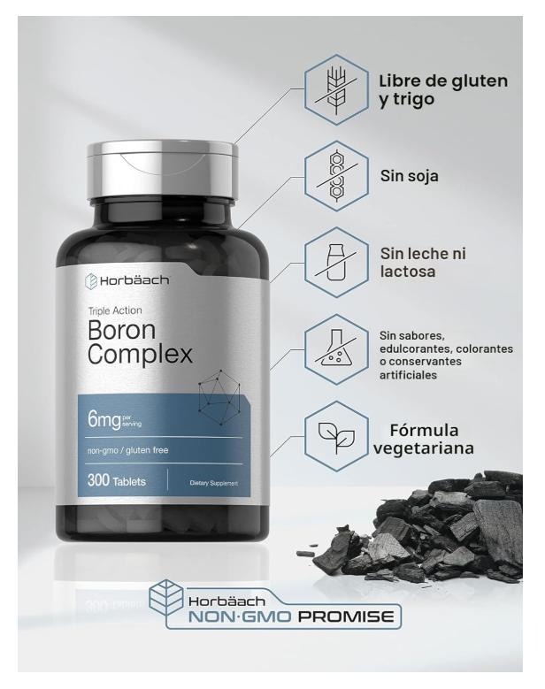 Boro Horbaach 6 mg | 300 Tabletas | Vegetariano, sin OMG y sin Gluten | Citrato de Boro de Triple Acción, Glicinato de boro