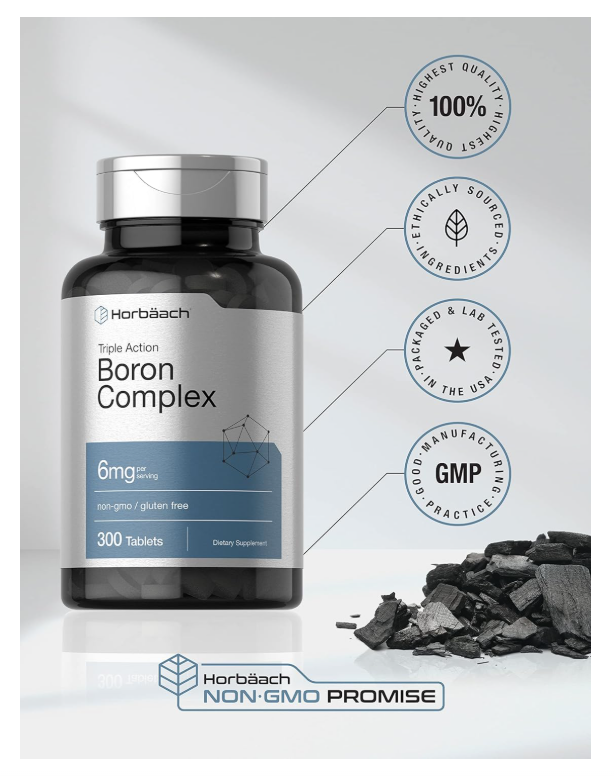 Boro Horbaach 6 mg | 300 Tabletas | Vegetariano, sin OMG y sin Gluten | Citrato de Boro de Triple Acción, Glicinato de boro
